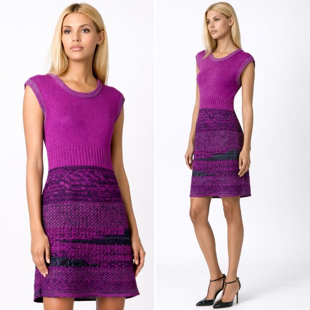 Chanel Bouclé Knit Dress Purple Gray A-Line Sleeveless CC Logo Short FR36 XS